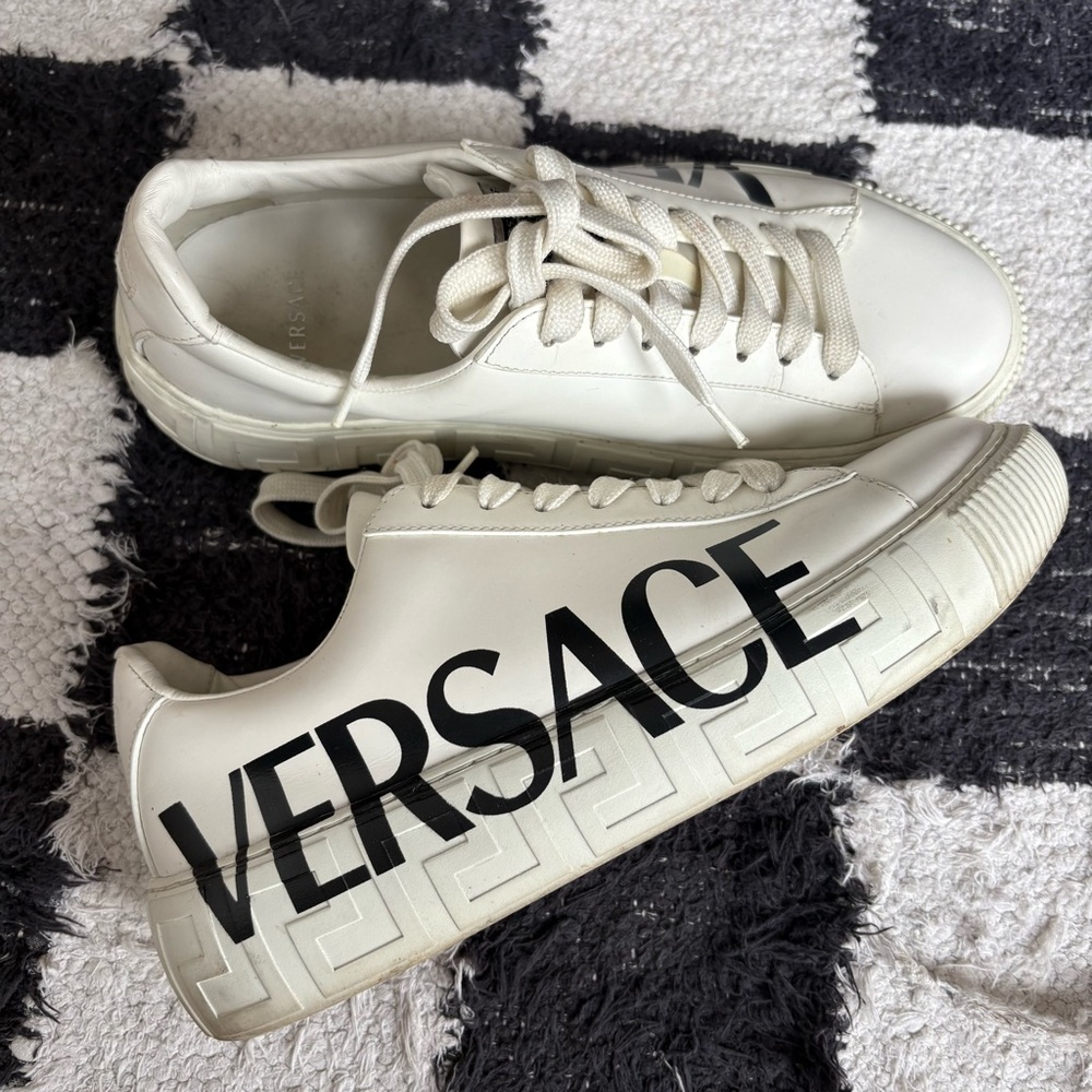 Versace Cream Sneakers with Black Lettering